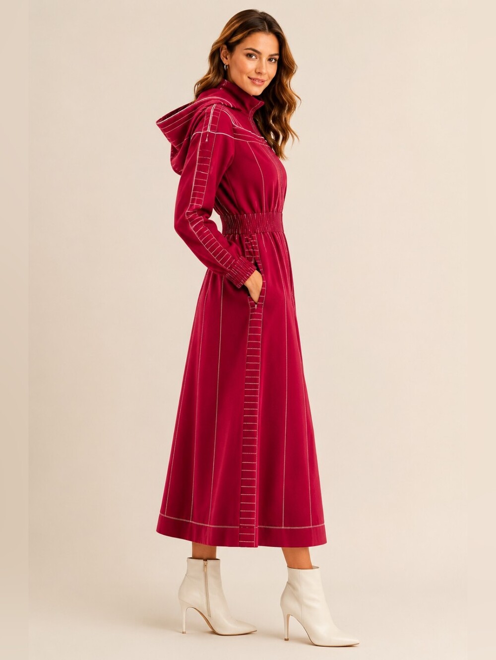 Valentino Red With White Stitching Jersey Hooded Midi Dress, Size 4, NWT - Picture 8 of 15